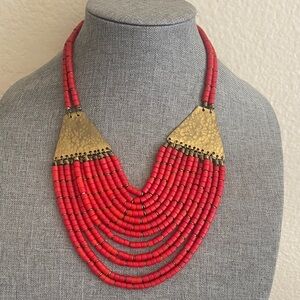 Vintage African 12 Strand Red Coral & Hammered Brass Statement Necklace